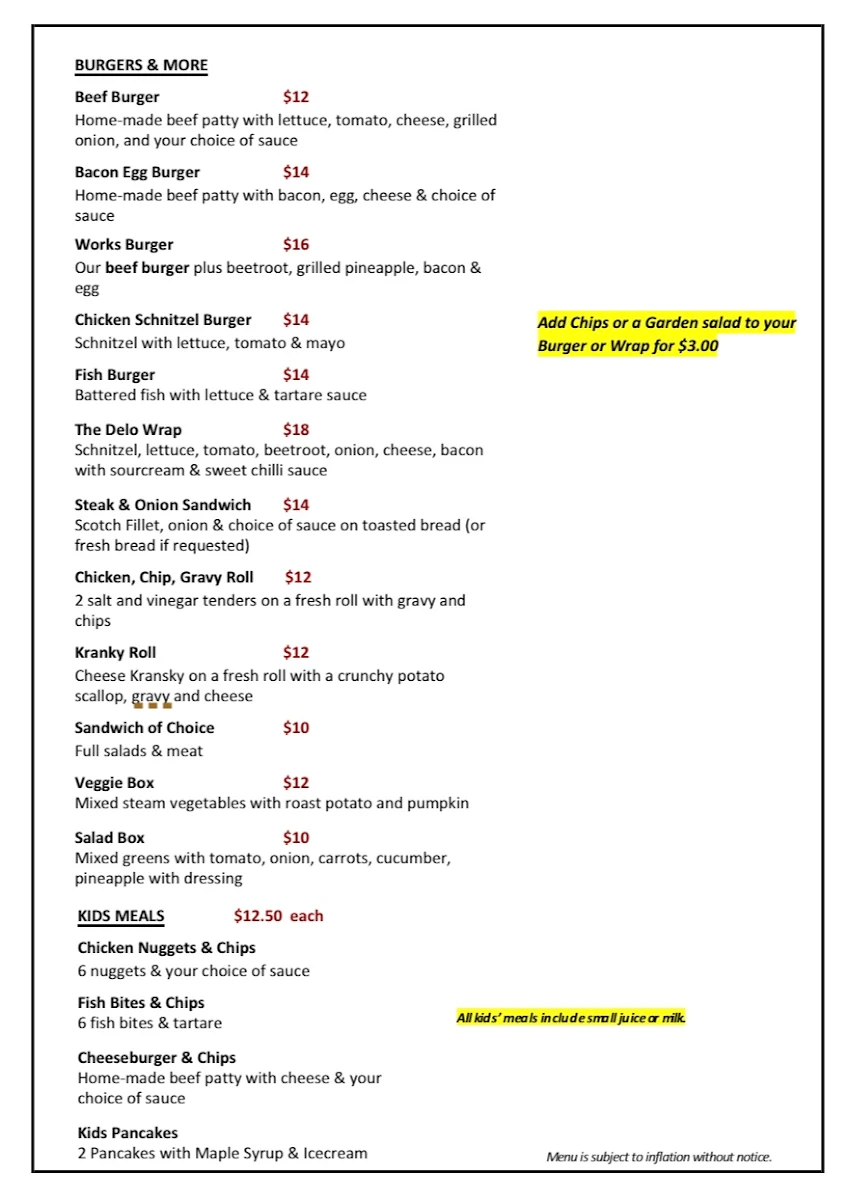 Menu, The Delo Café