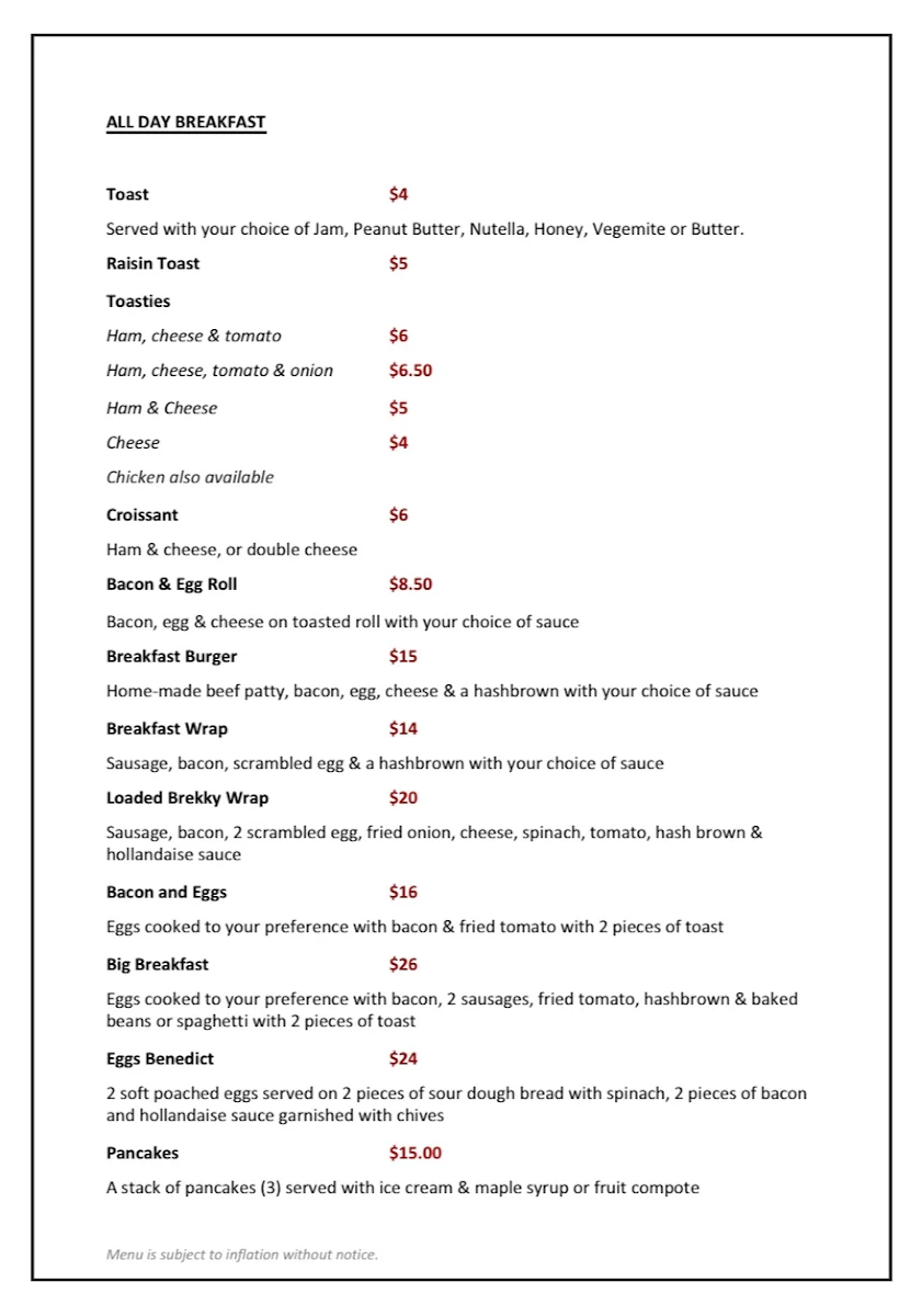 Menu, The Delo Café
