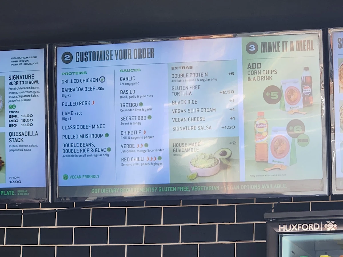 Menu, Zambrero Newtown