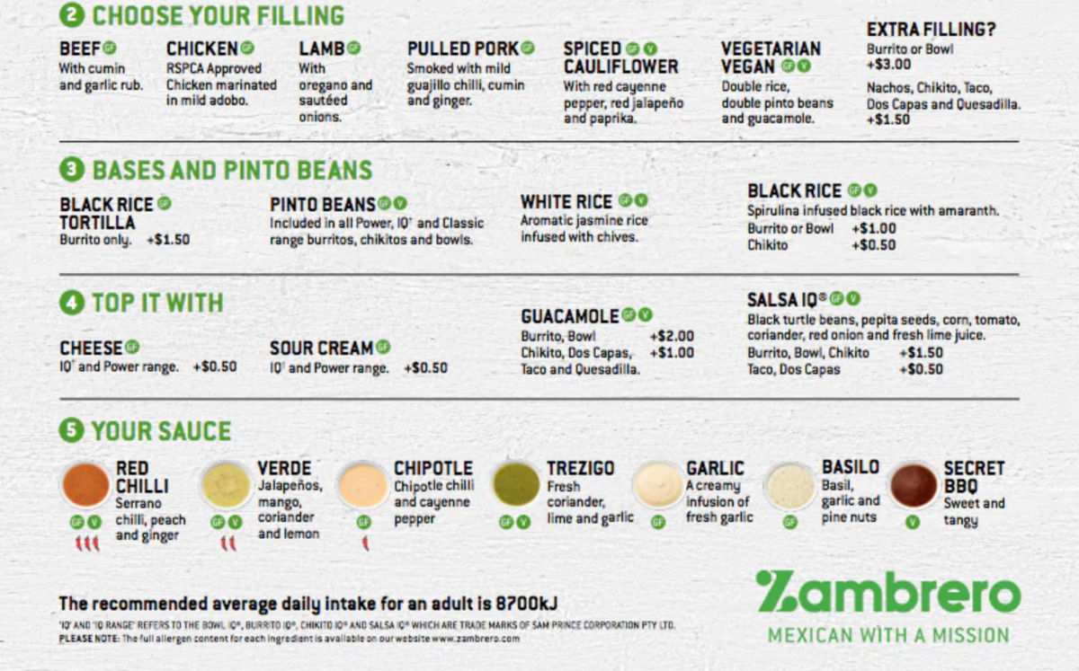 Menu, Zambrero Newtown