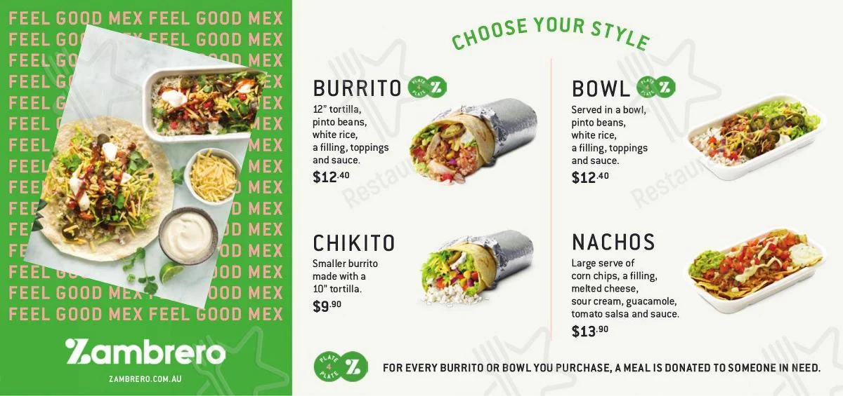 Menu, Zambrero Newtown