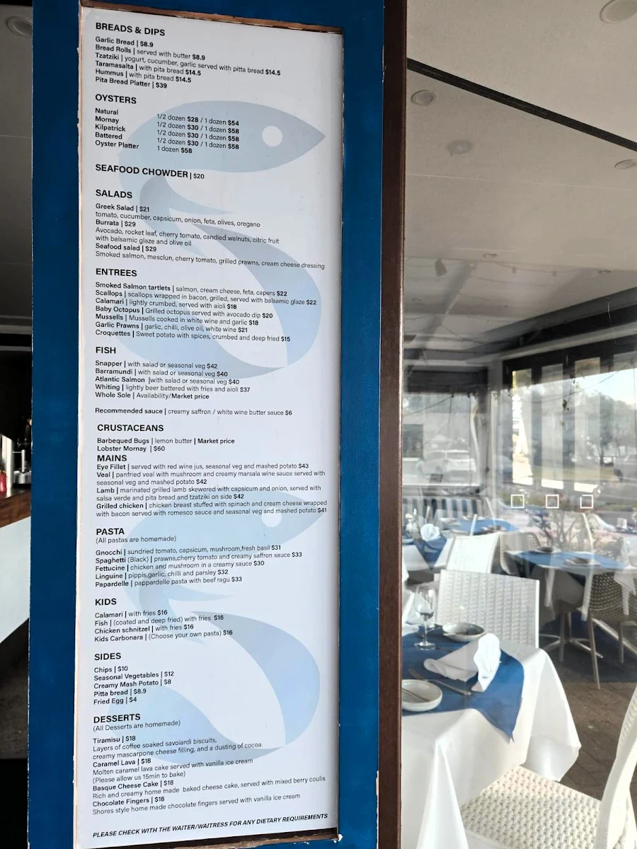 Menu, Shores Restaurant