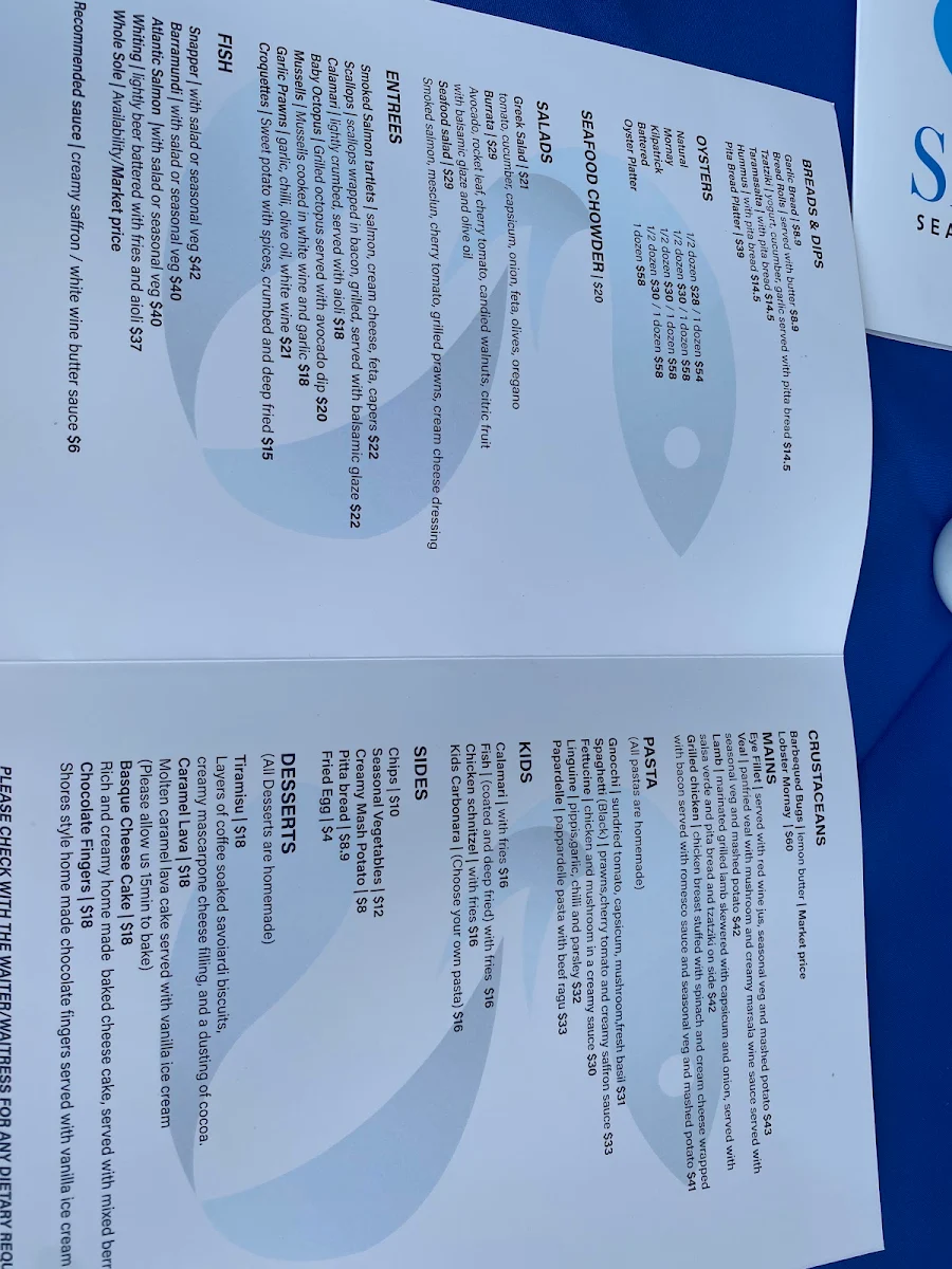 Menu, Shores Restaurant