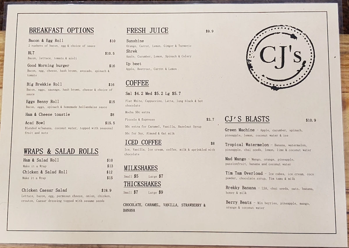 Menu, CJ's Kalaru (Takeaway)