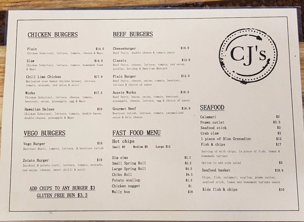 Menu, CJ's Kalaru (Takeaway)