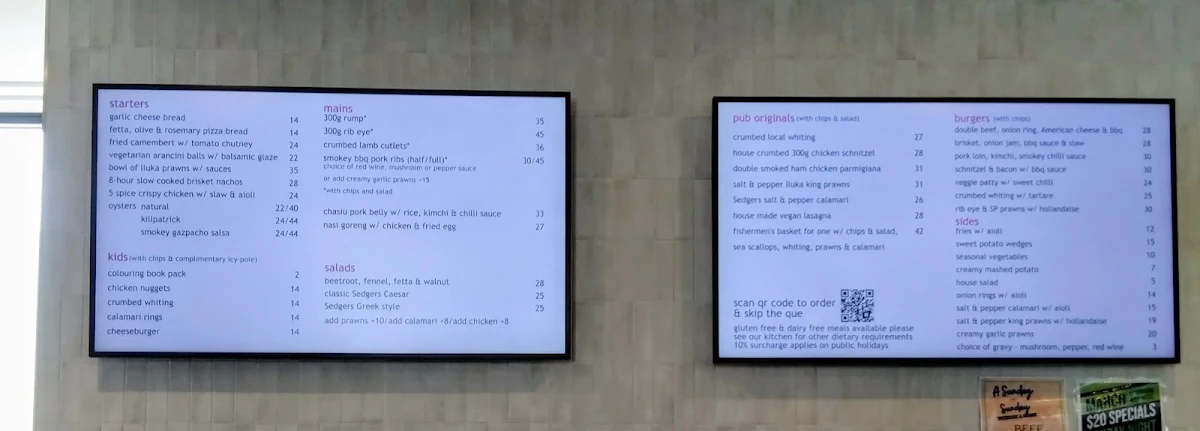 Menu, Sedgers Reef Hotel