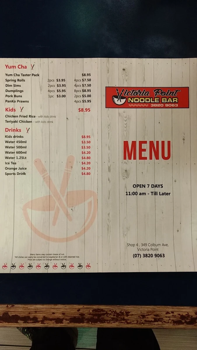 Menu, Victoria Point Noodle Bar
