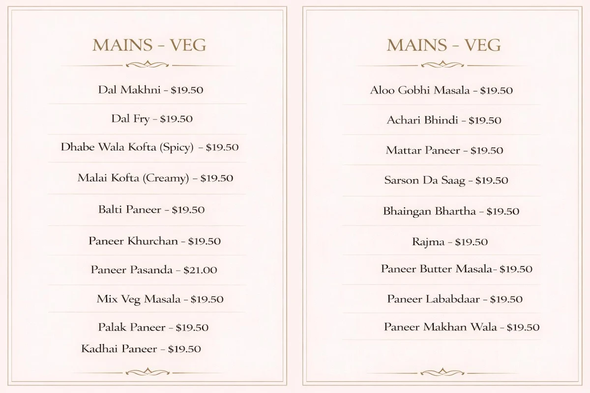 Menu, Aangan Point Cook