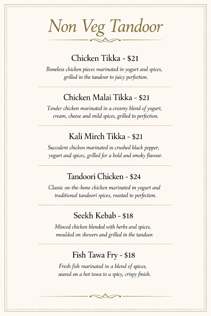 Menu, Aangan Point Cook