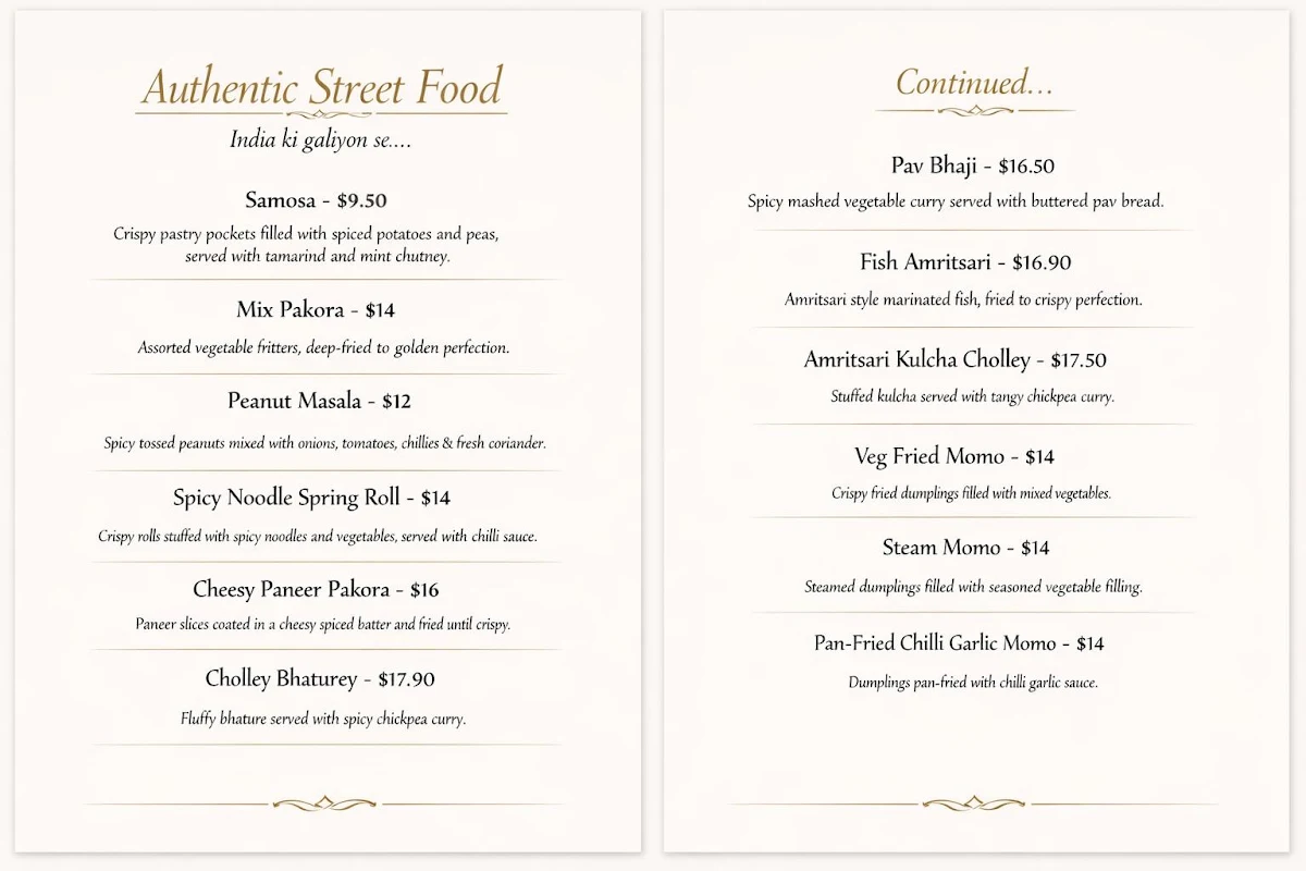 Menu, Aangan Point Cook
