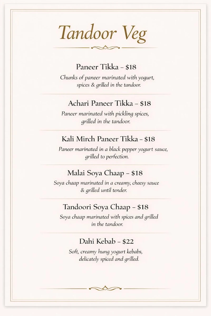 Menu, Aangan Point Cook