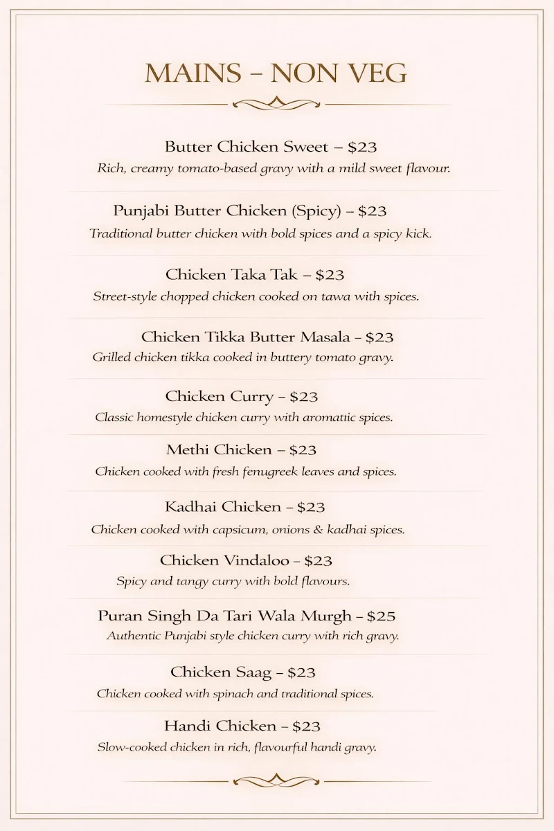 Menu, Aangan Point Cook
