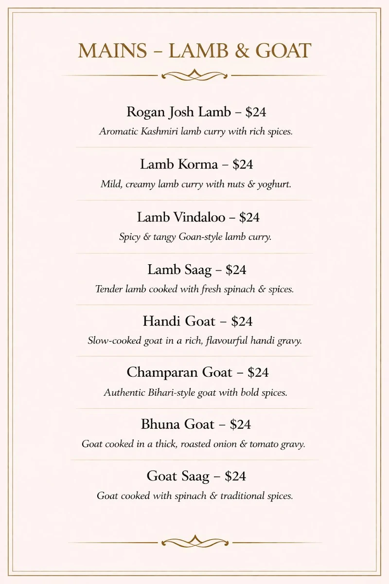 Menu, Aangan Point Cook