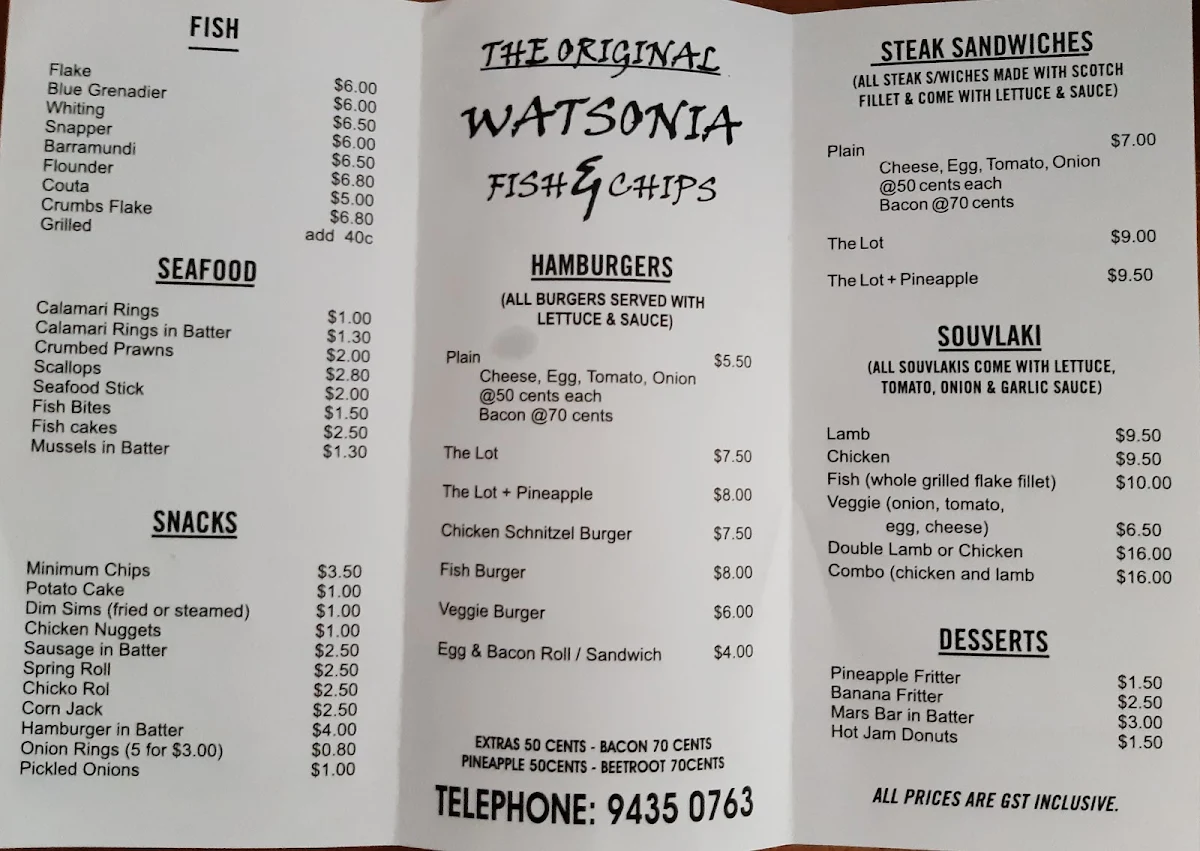 Menu, The Original Fish & Chips