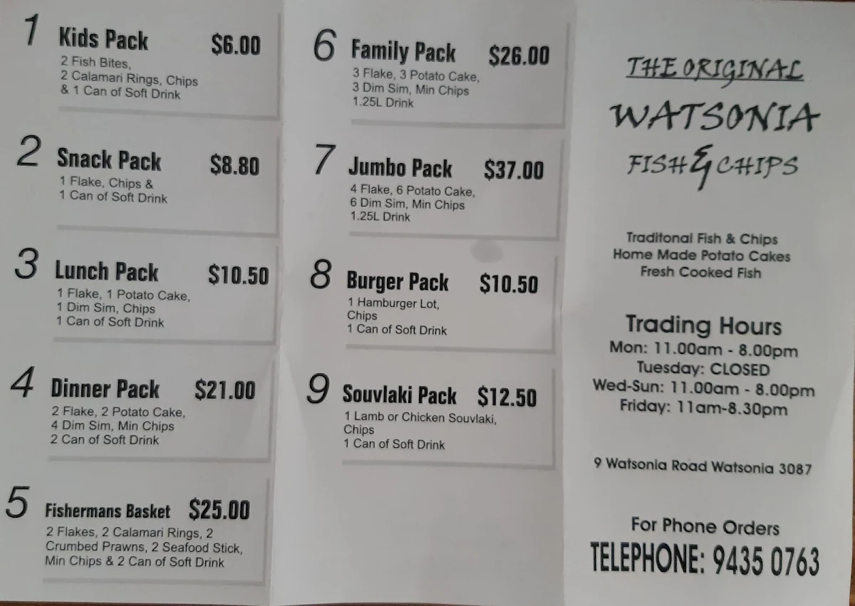 Menu, The Original Fish & Chips