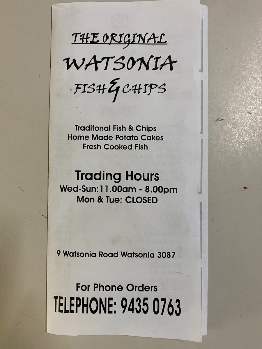 Menu, The Original Fish & Chips