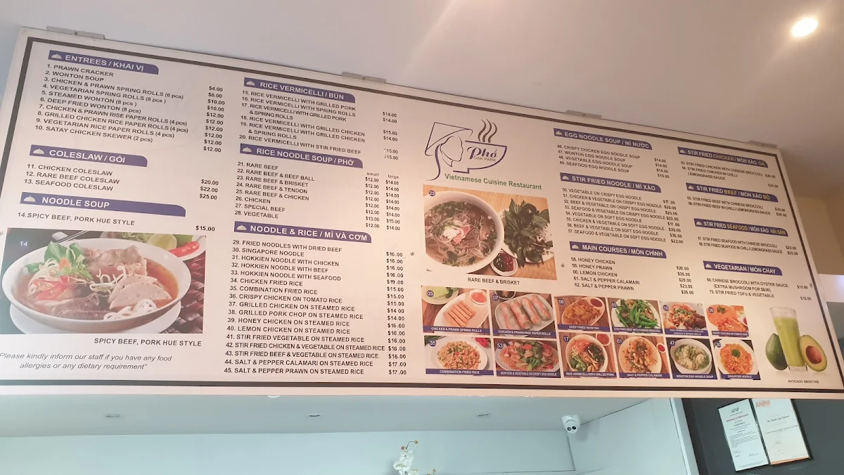 Menu, Pho Oak Park
