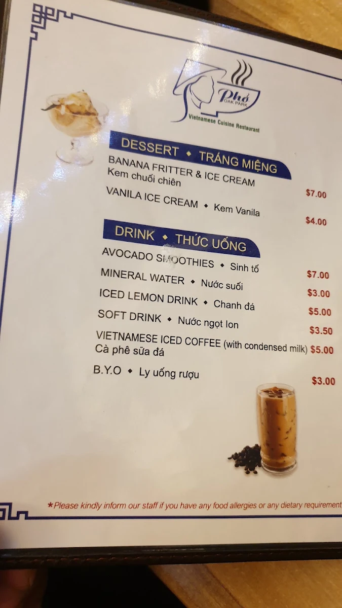 Menu, Pho Oak Park