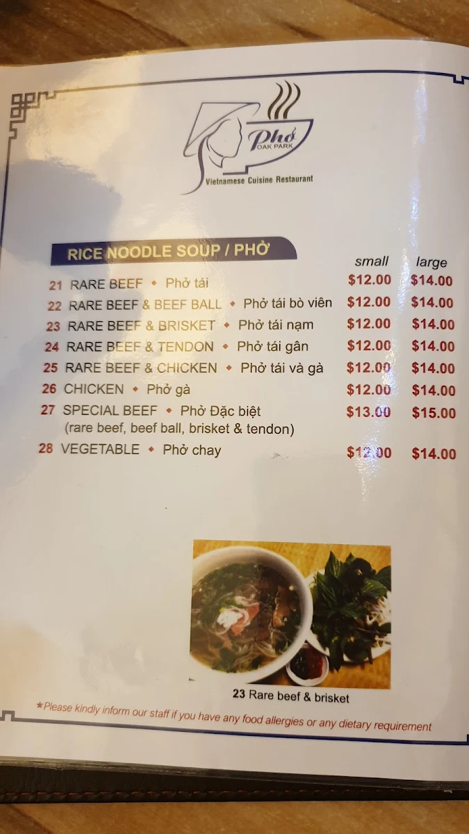 Menu, Pho Oak Park