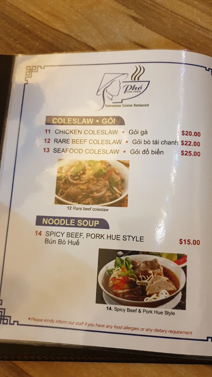 Menu, Pho Oak Park