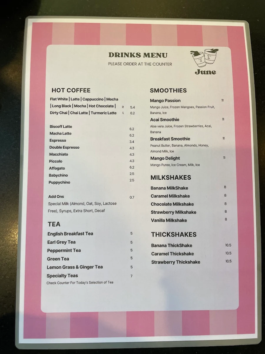 Menu, Cafe June