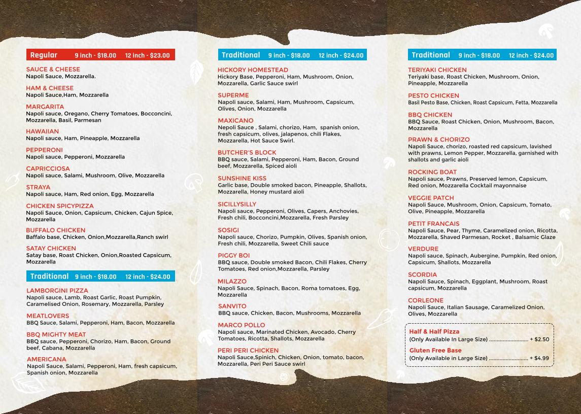 Menu, Creek's pizza project