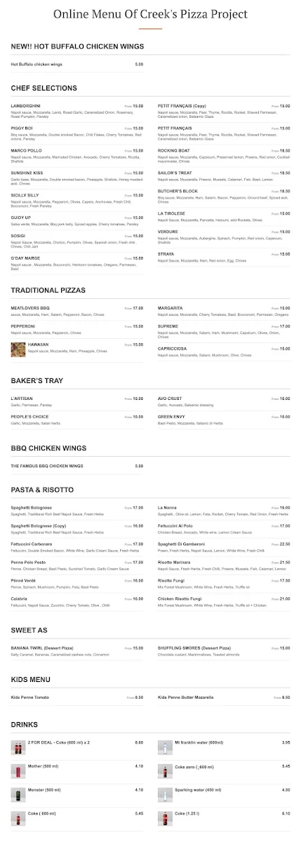 Menu, Creek's pizza project