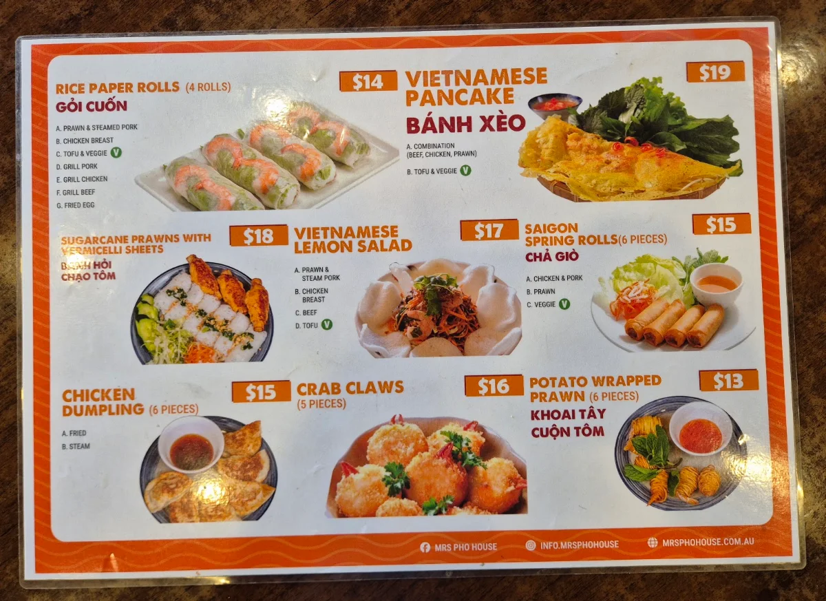 Menu, Mrs Pho House Bundoora