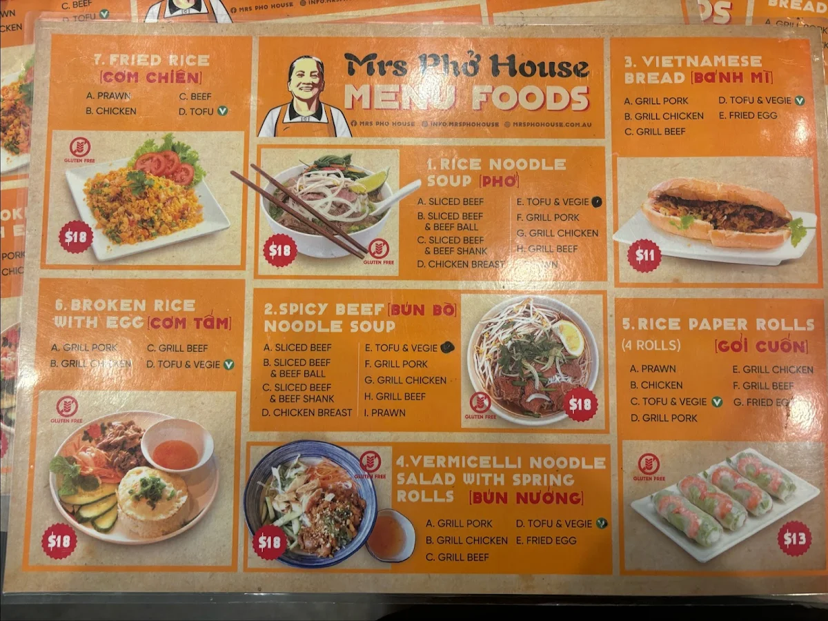 Menu, Mrs Pho House Bundoora
