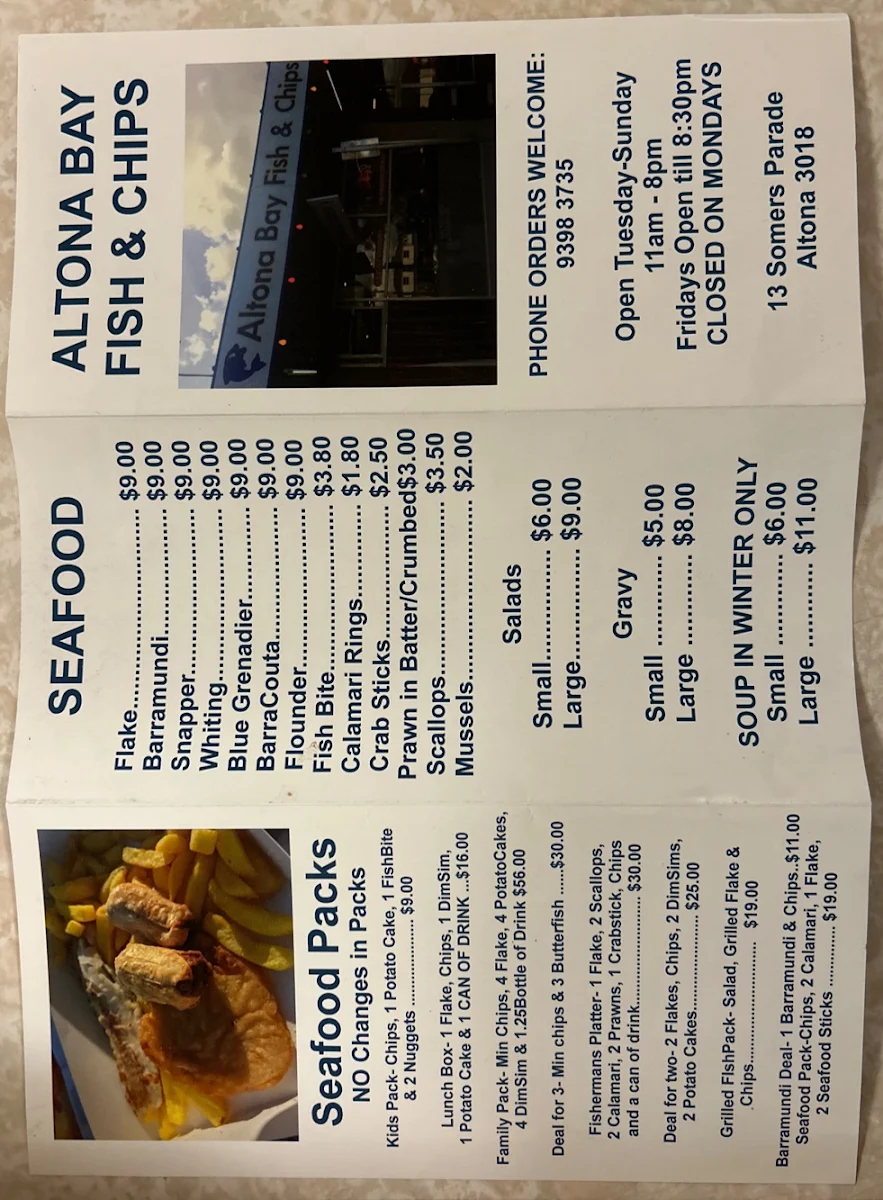 Menu, Altona Bay Fish and Chips
