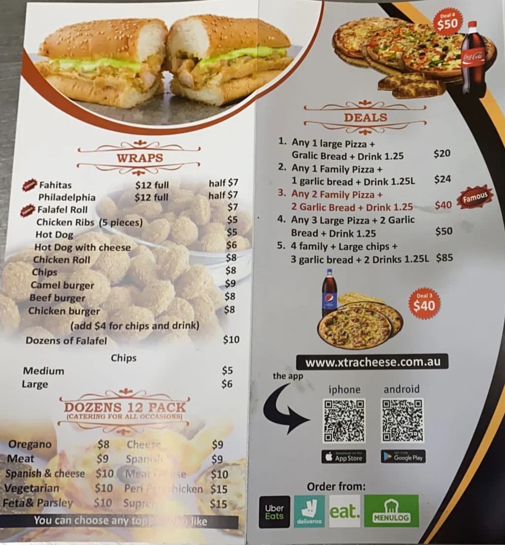 Menu, X-TRA Cheese Bakery Merrylands