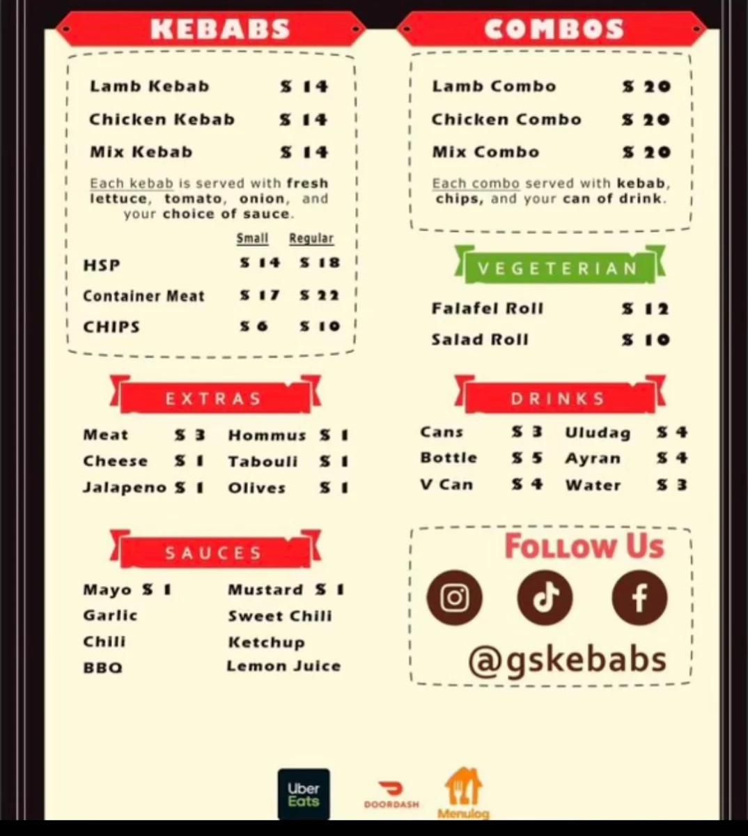 Menu, G’S Kebab