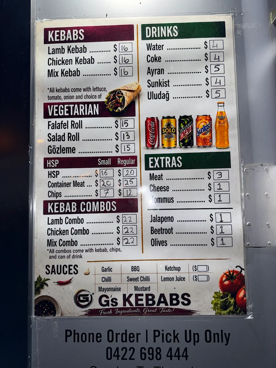 Menu, G’S Kebab