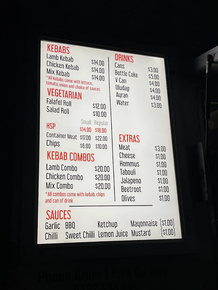 Menu, G’S Kebab