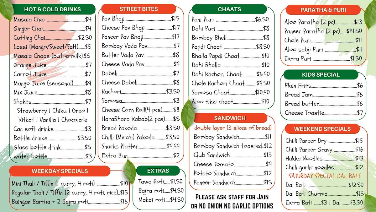 Menu, Chai Nashta