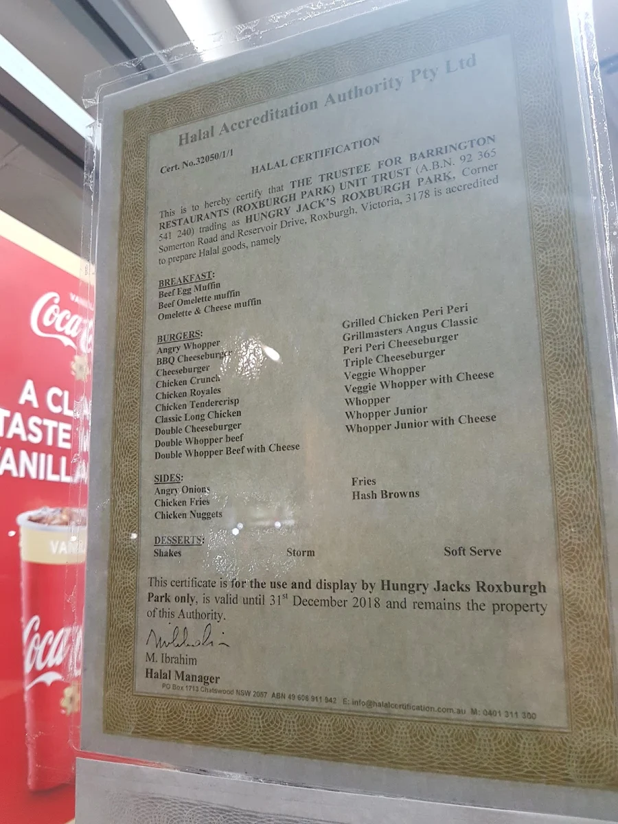 Menu, Hungry Jack's Burgers Roxburgh Park