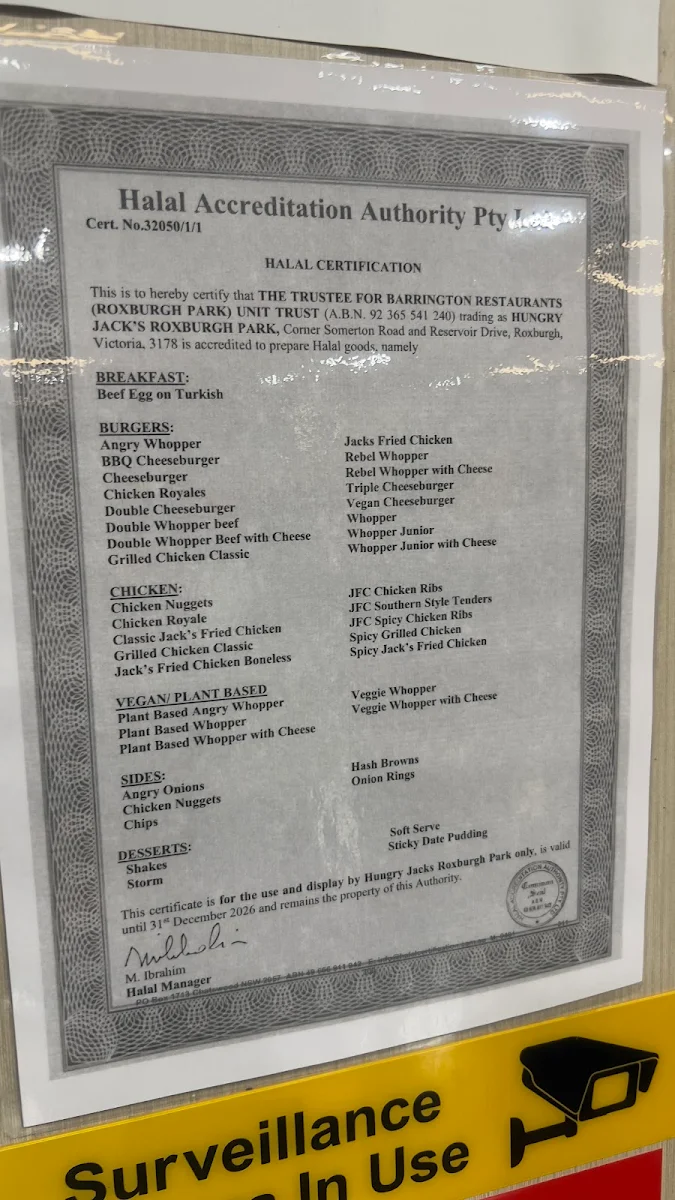 Menu, Hungry Jack's Burgers Roxburgh Park