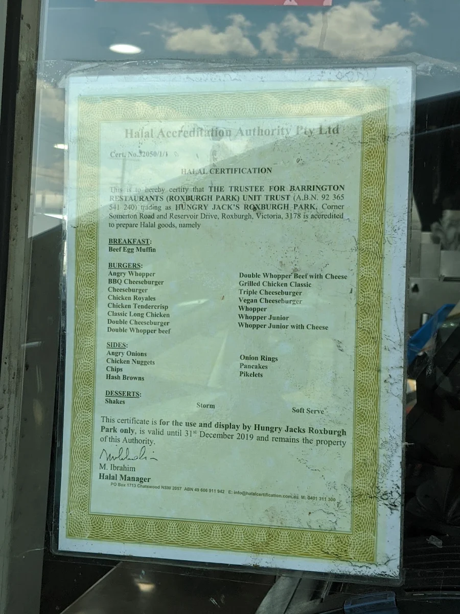 Menu, Hungry Jack's Burgers Roxburgh Park