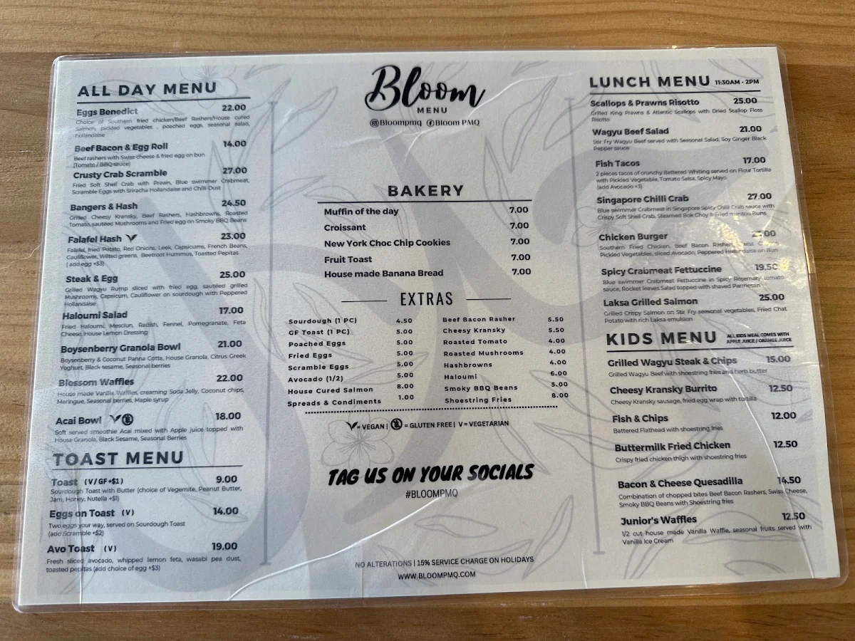 Menu, Bloom PMQ