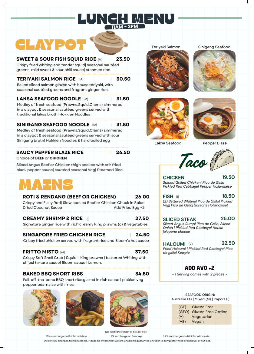 Menu, Bloom PMQ