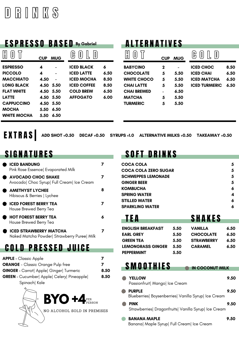 Menu, Bloom PMQ