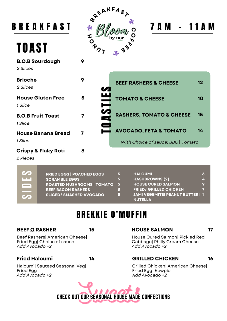 Menu, Bloom PMQ