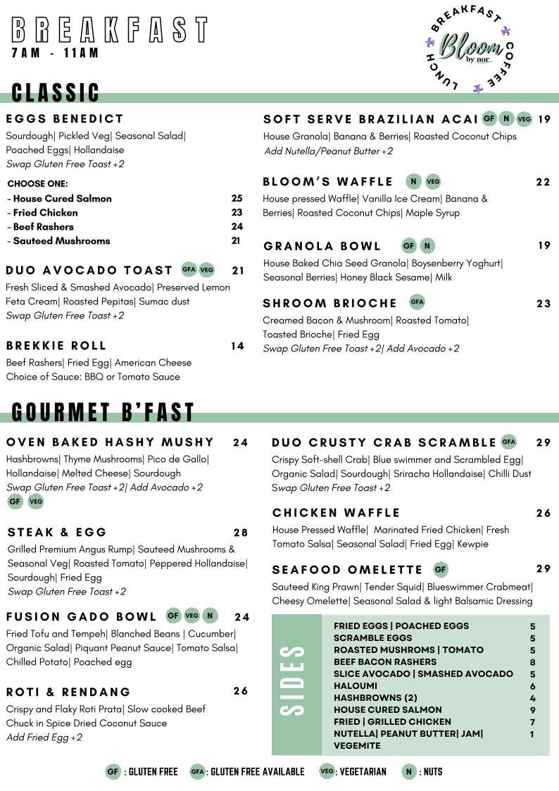Menu, Bloom PMQ