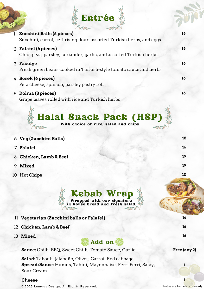 Menu, Turkish Master Kebab