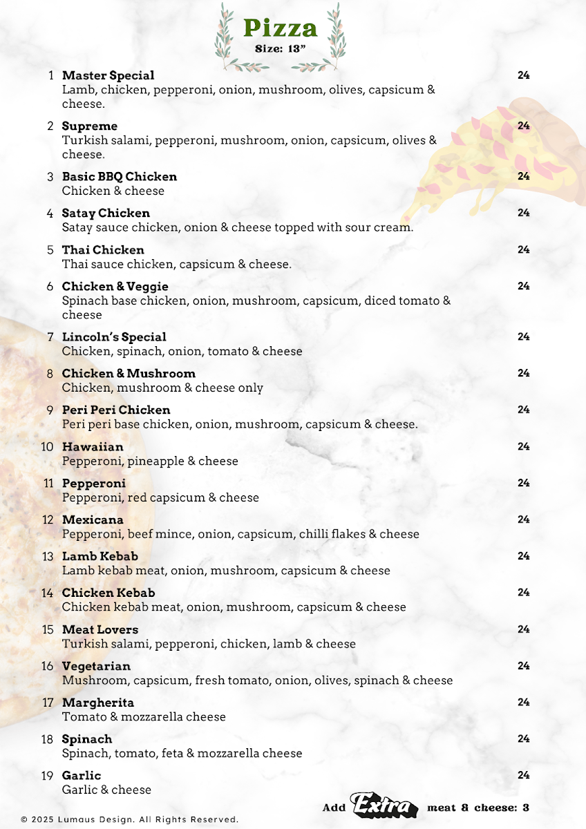 Menu, Turkish Master Kebab