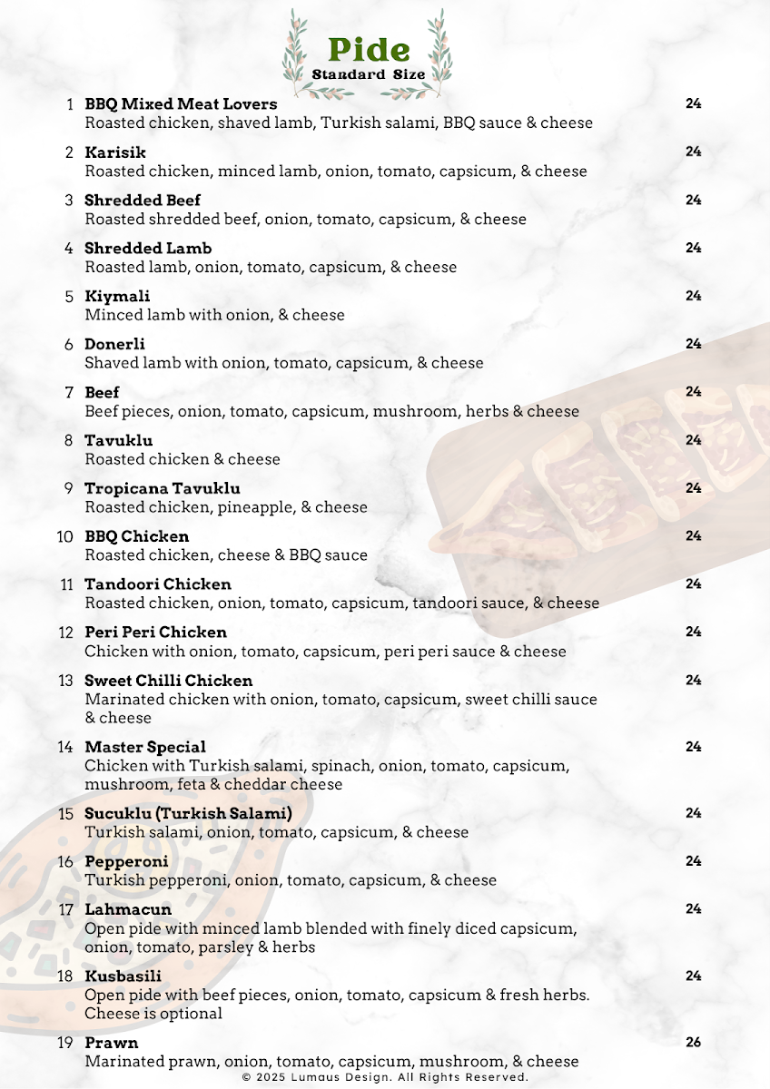 Menu, Turkish Master Kebab