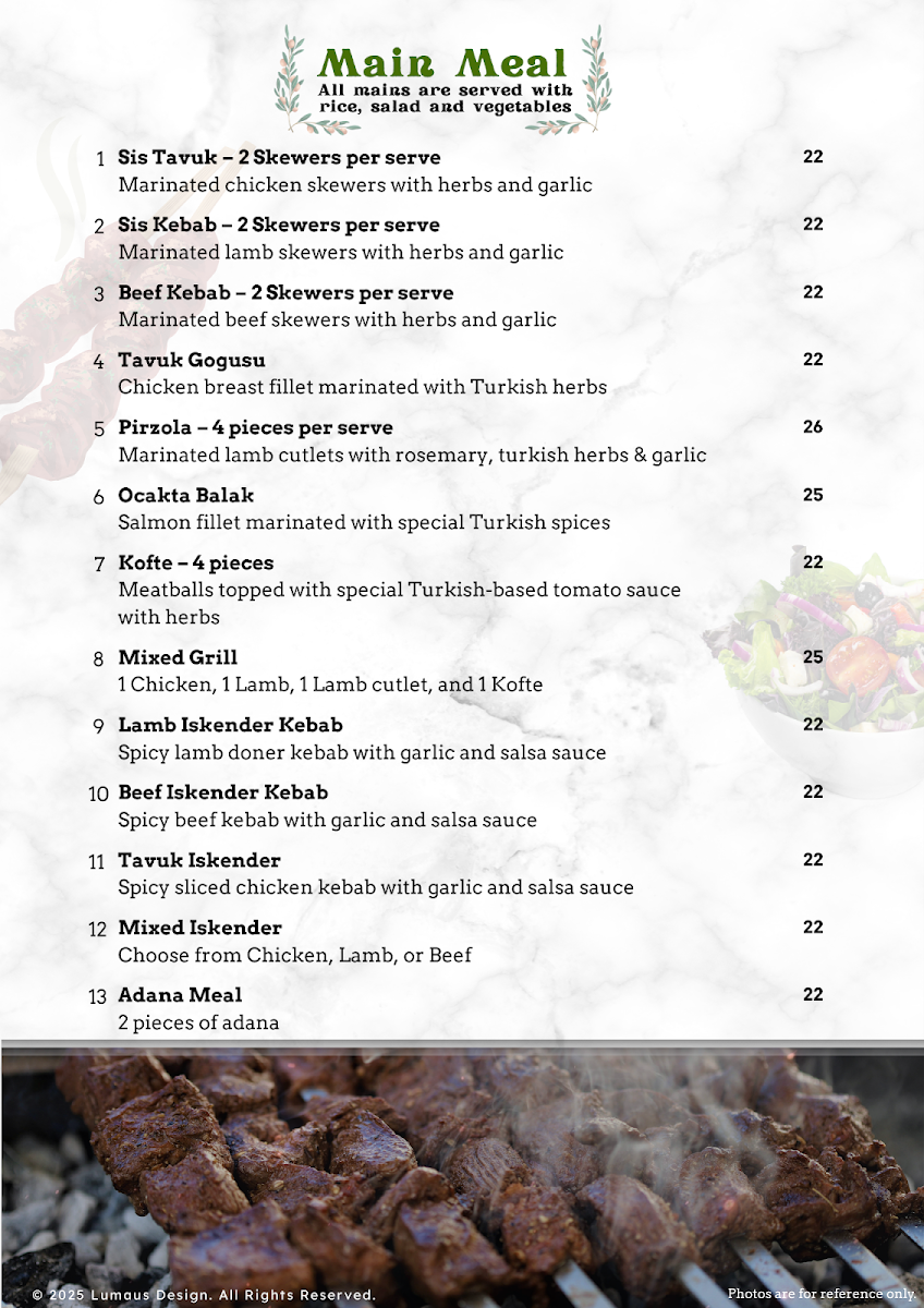 Menu, Turkish Master Kebab