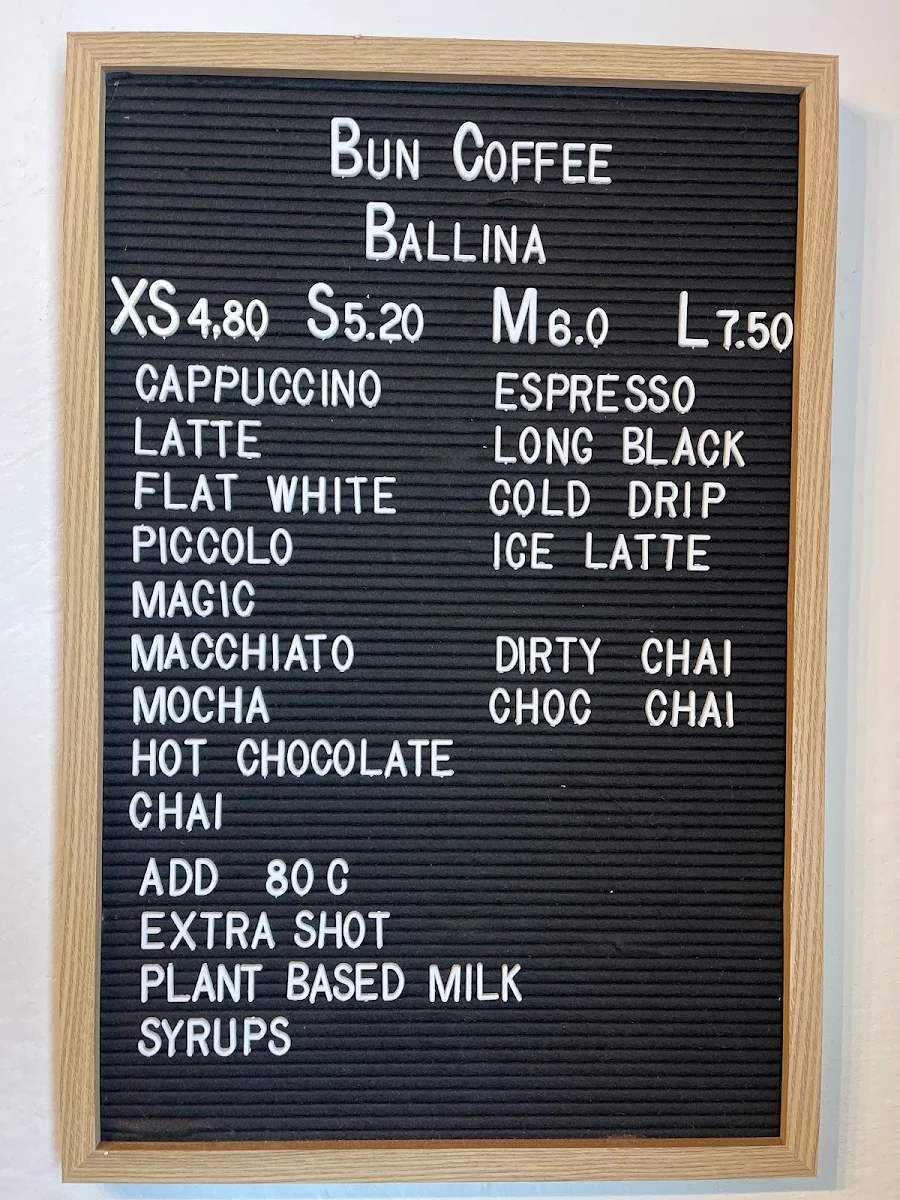 Menu, Bun Coffee - Ballina