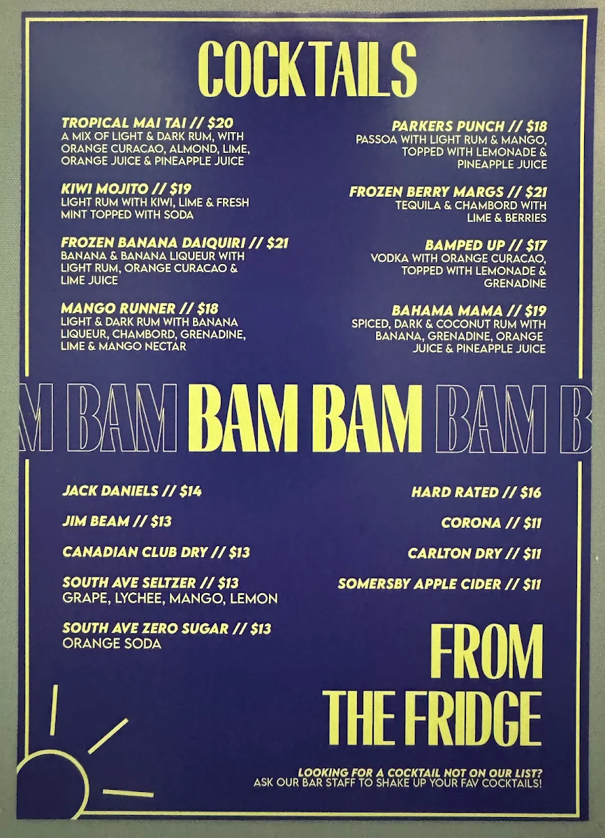 Menu, Bam Bam