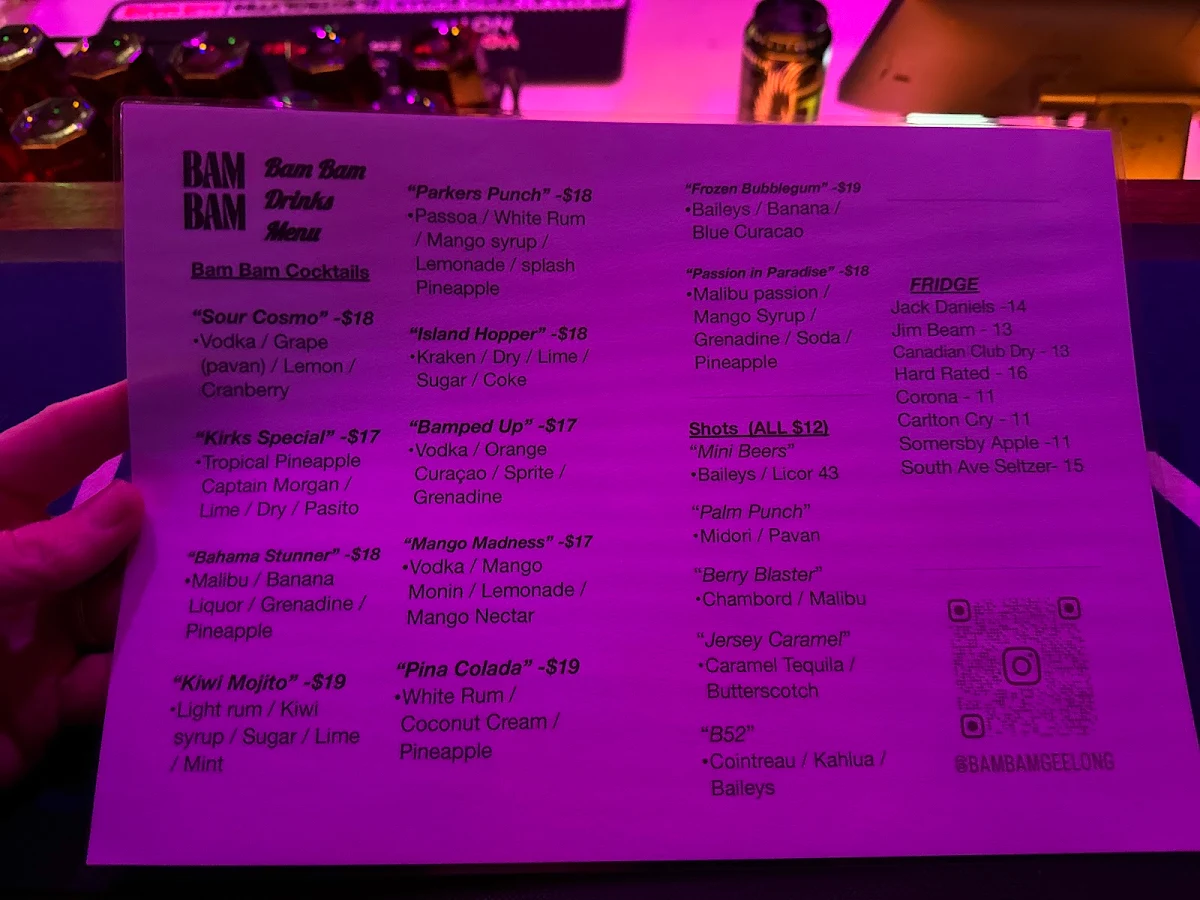 Menu, Bam Bam